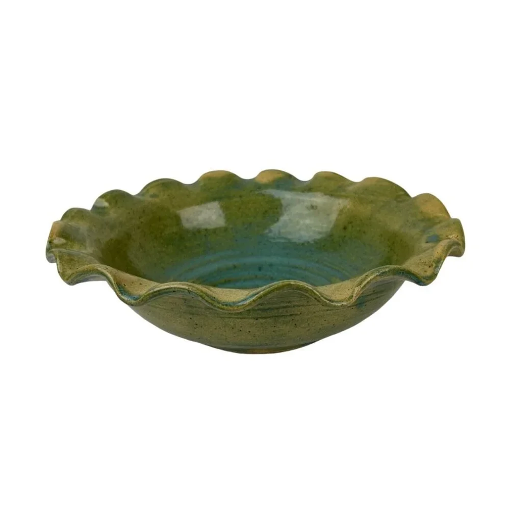 Geiger Vintage 1998 Green Ruffled Edge Pottery Bowl Home Art Signed